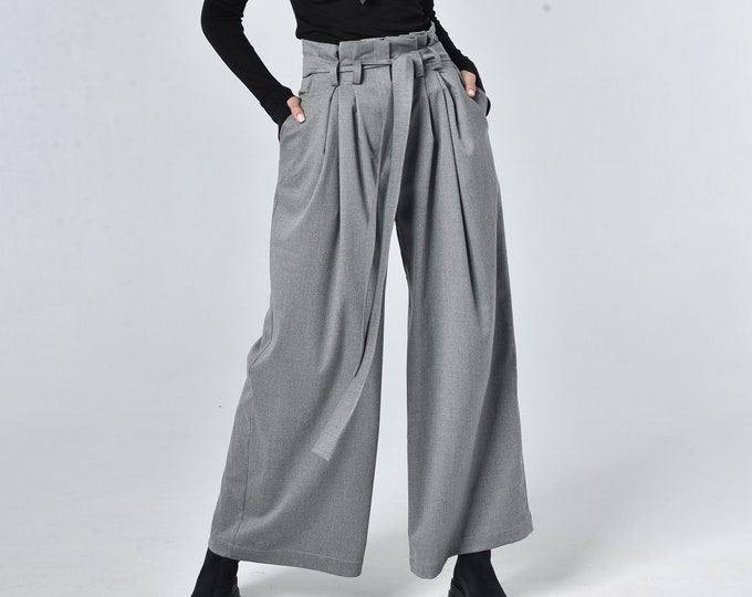 Belted Pants / Mother in Law Christmas Gift / High Waisted Pants / Grey Trousers / Pants with Gatherings / Office Pants / Boho Trousers