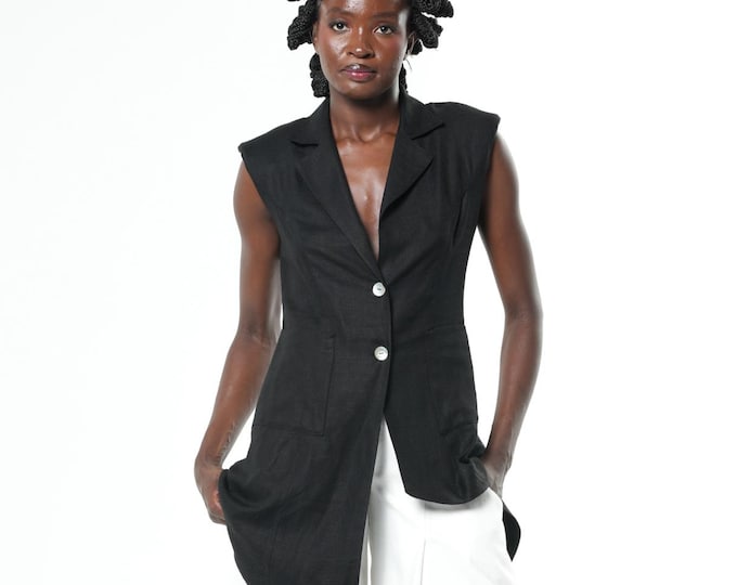 Asymmetric Buttoned Top With Linen In Black - Linen Sleelevess Tunic METT0304