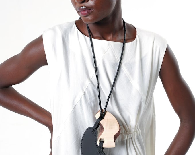 Wood and Leather Sculptural Pendant Necklace - Long Adjustable Handmade Necklace META0066