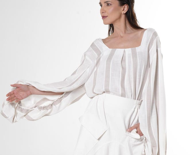 Striped Peasant Blouse / Boho Top With Oversized Sleeves / Ethno Crop Top METT0282