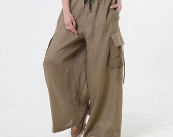 Khaki Palazzo Pants / Cargo Pants / Linen Trousers - METP0129_Khaki