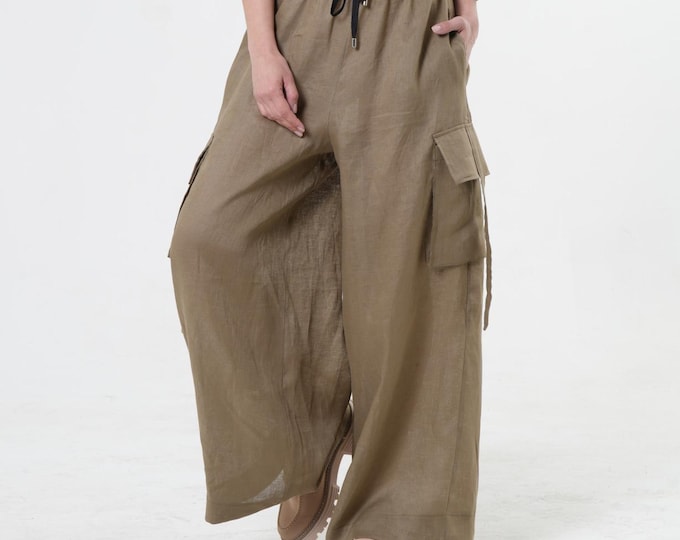 Khaki Palazzo Pants / Cargo Pants / Linen Trousers - METP0129_Khaki