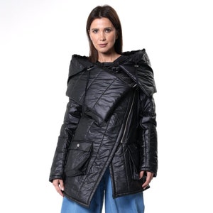 Black Puffer Jacket / Asymmetrical Winter Coat / Hooded Jacket METC0134