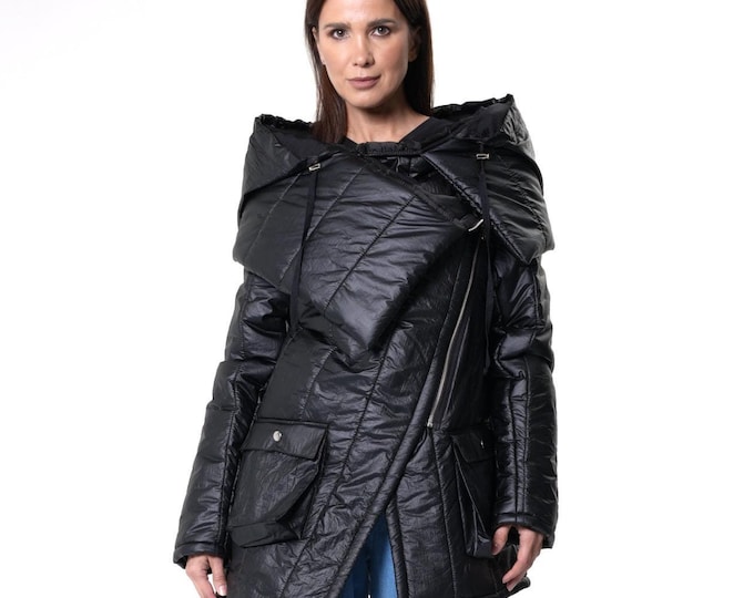 Black Puffer Jacket / Asymmetrical Winter Coat / Hooded Jacket METC0134