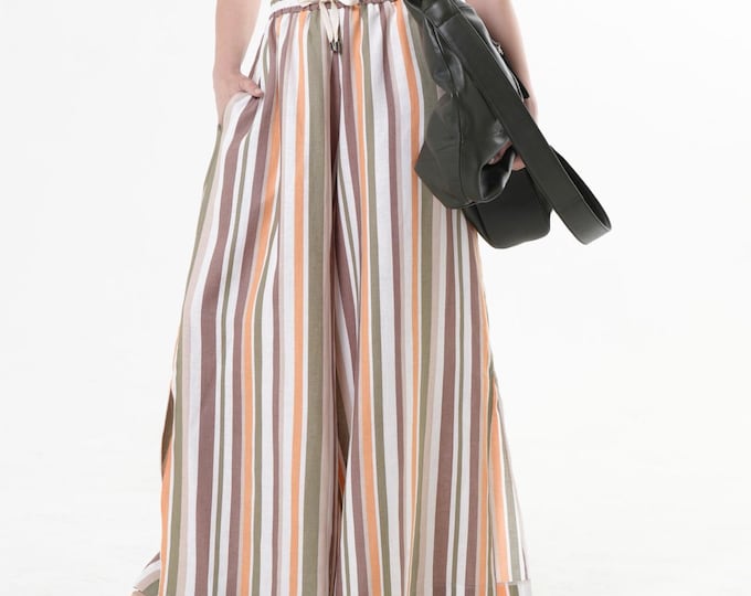 Colorful Striped Palazzo Pants / Wide-Leg Linen Pants - METP0130