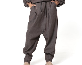 Brown Drop Crotch Denim Pants with Front Pleats and Elasticated Back Waist METP0148