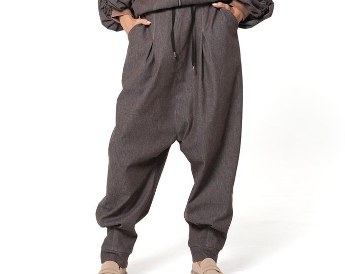 Brown Drop Crotch Denim Pants with Front Pleats and Elasticated Back Waist METP0148