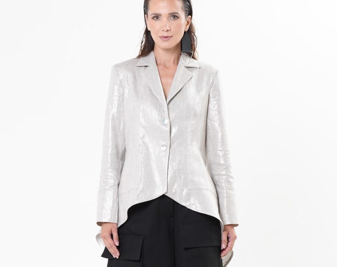 Shimmering Asymmetrical Linen Blazer / Silver Fitted Coat / Shiny Buttoned Blazer METC0147_Silver