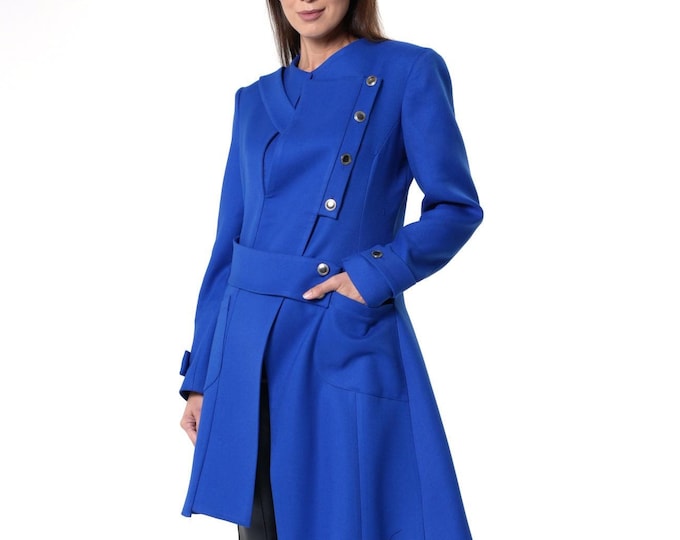 Elegant Coat With Metallic Buttons / Blue Fitted Coat / Asymmetric Jacket METC0144