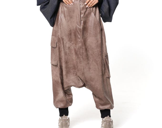Brown Faux Suede Drop Crotch Cargo Pants with Elasticated Waist METP0151
