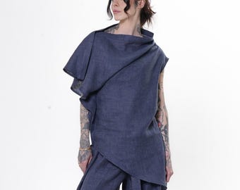 Asymmetric Linen Denim Tunic - Avant Garde Blue Long Top for Women - METT0297
