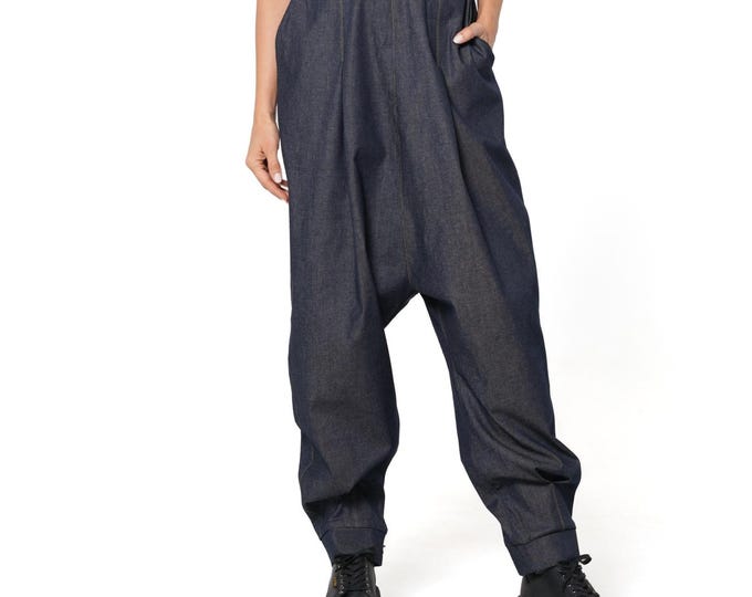 Blue Drop Crotch Denim Pants with Front Pleats and Elasticated Back Waist METP0148