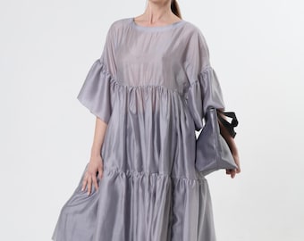 Silver Sheer Oversized Tunic: Ruffled Sleeve Layering Top