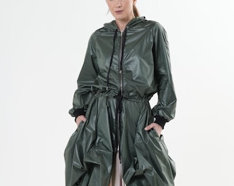 Asymmetric Hooded Raincoat In Green / Transitional Jacket / Spring Coat METC0091