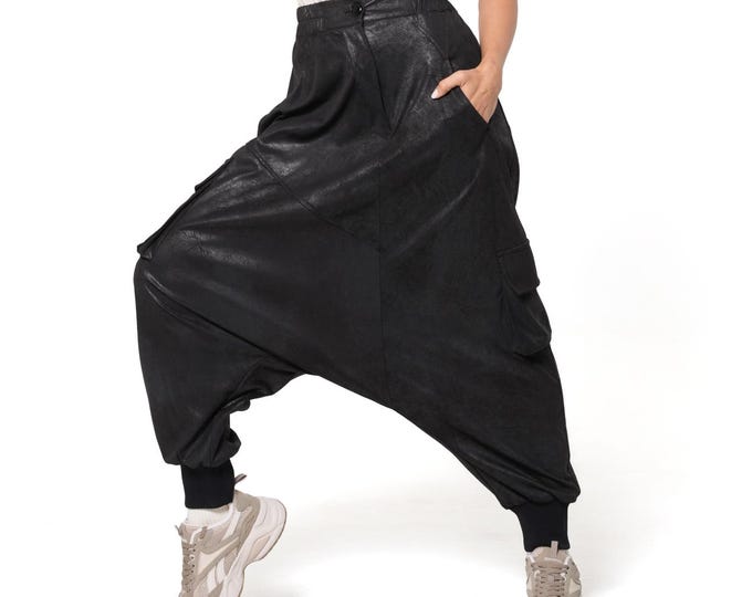Black Faux Suede Drop Crotch Cargo Pants with Elasticated Waist METP0151