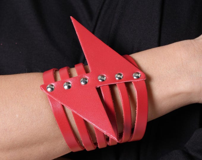 Red Leather Cuff - Genuine Leather Bracelet With Triangle Detail