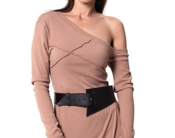 Genuine Leather Asymmetric Waist Belt: Modern Black Accessory META0057