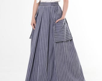 Long Jean Skirt  / Maxi Striped Denim Skirt In Dark Blue / METSk0050