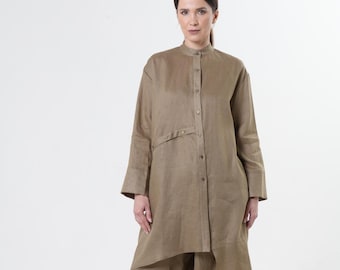 Khaki Linen Tunic Shirt: Long Mandarin Collar, Avant-Garde Style