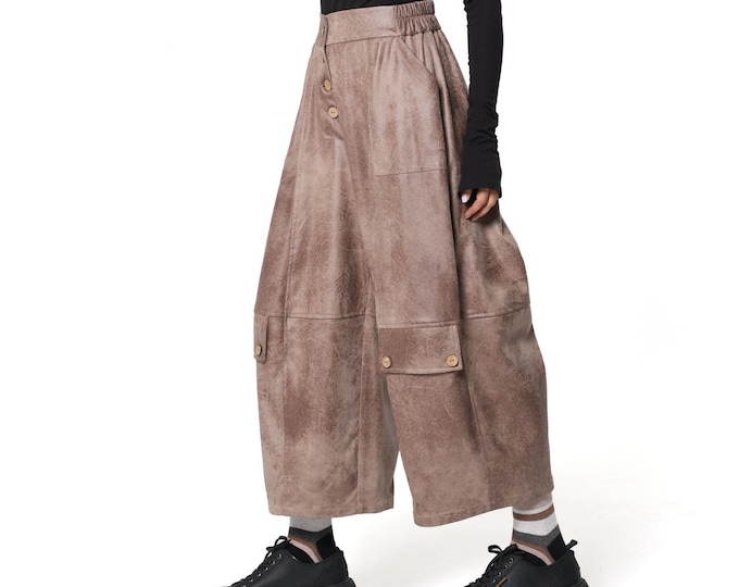 Brown Wide-Leg Faux Suede Pants with Button Details and Elasticated Waist METP0152