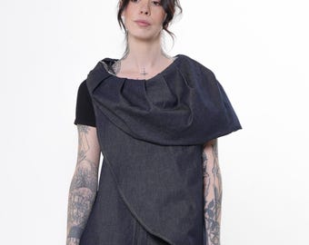 Asymmetric Denim Vest With Draped Collar - Sleeveless Jean Top - METC0164