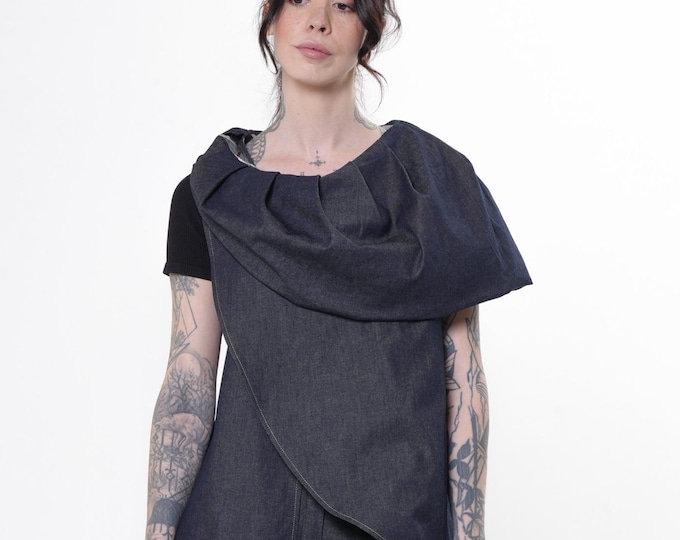 Asymmetric Denim Vest With Draped Collar - Sleeveless Jean Top - METC0164