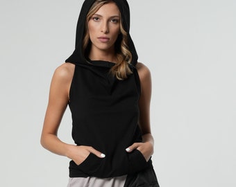 Hooded Tank Top / Open Back Top / Festival Tank Top / Sleeveless Top / Urban Streetwear / Backless Top / Halter Wrap Top METT0044