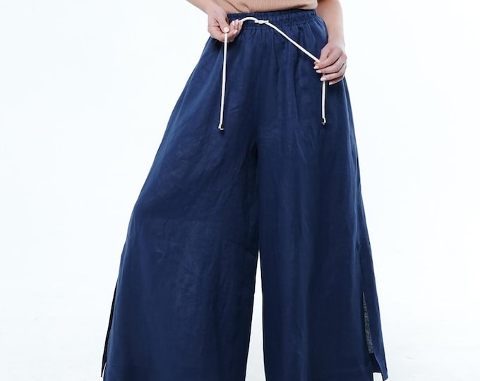 Palazzo Linen Pants In Navy Blue / Wide-Leg Pants / Linen Trousers - METWB015
