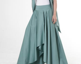 Mint Satin Cotton Maxi Skirt: Elegant Draped Long Flare