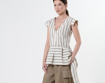 High Low Tunic / Asymmetric Top On Khaki Stripes / Linen Tunic Top METT0273_Khaki
