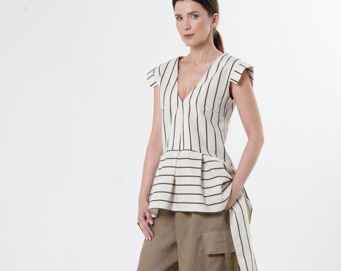 High Low Tunic / Asymmetric Top On Khaki Stripes / Linen Tunic Top METT0273_Khaki