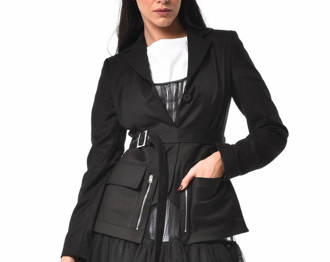 Asymmetric Jacket / Belted Blazer / Asymmetrical Blazer / Black Coat Buttons / Black Blazer Women  / Office Outfit METC0119