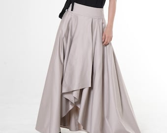Beige Maxi Skirt: Draped Satin Cotton, Low Rise, Asymmetric Hem
