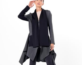 Architectural Asymmetric Blazer with Scarf – Structured Avant-Garde Jacket in Black METC0157