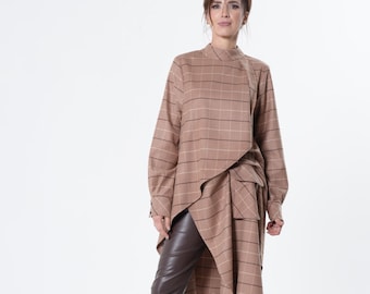 Checked Asymmetric Tunic Shirt - Long Soft Top METSh0036