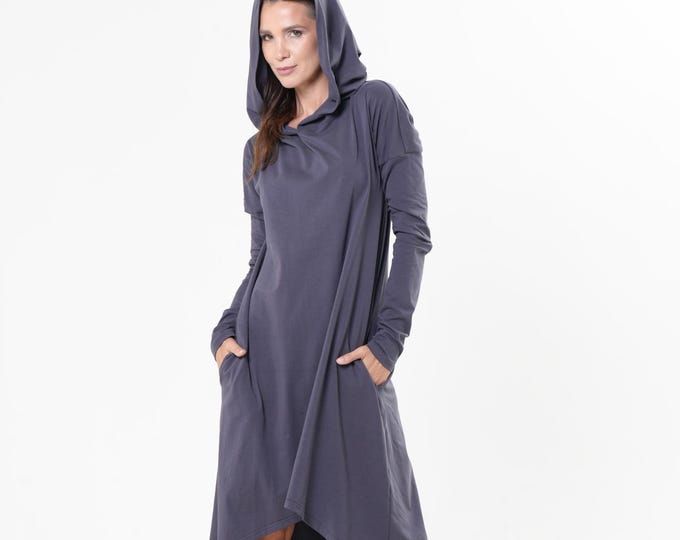 Midi Cotton Dress / Long Hooded Dress / Casual Dress METD0258