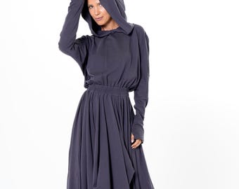 Hooded Midi Dress: Gray Cotton Jersey Maxi Dress with Thumbholes METD0263