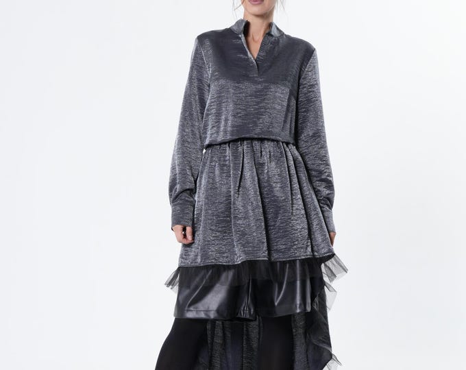 Shiny Metallic Tunic - Layered Long Shirt With Tulle METT0291