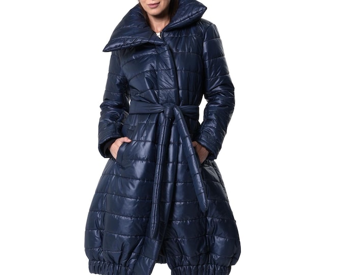 Long Belted Puffer Coat / Elegant Winter Jacket / Blue Quilted Coat - METC0143