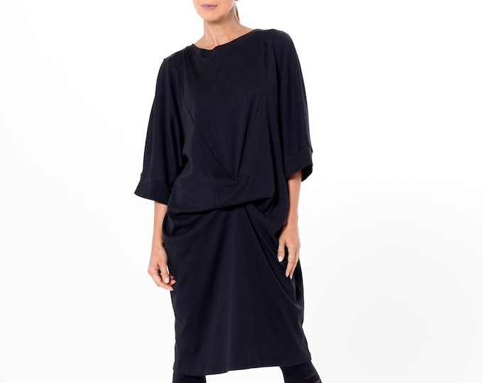 Black Oversize Midi Dress: Viscose Blend, Knot Front Detail