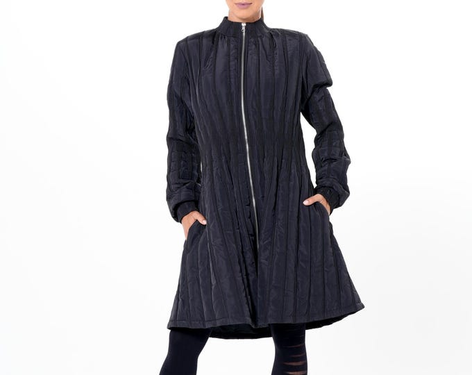 Quilted Flared Jacket Black • Flared Zipper Coat • Women Outerwear • Fall Jacket METC0154
