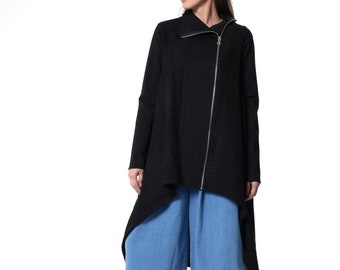 Long Bouclé Cardigan / Asymmetric Zipper Cardigan / Black Long Sleeves Vest METC0139
