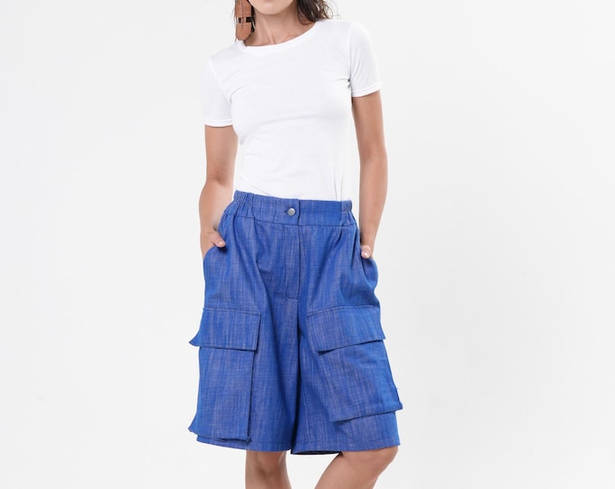 Wide Denim Shorts / Cargo Shorts in Blue / Summer Pants METP0134_Blue
