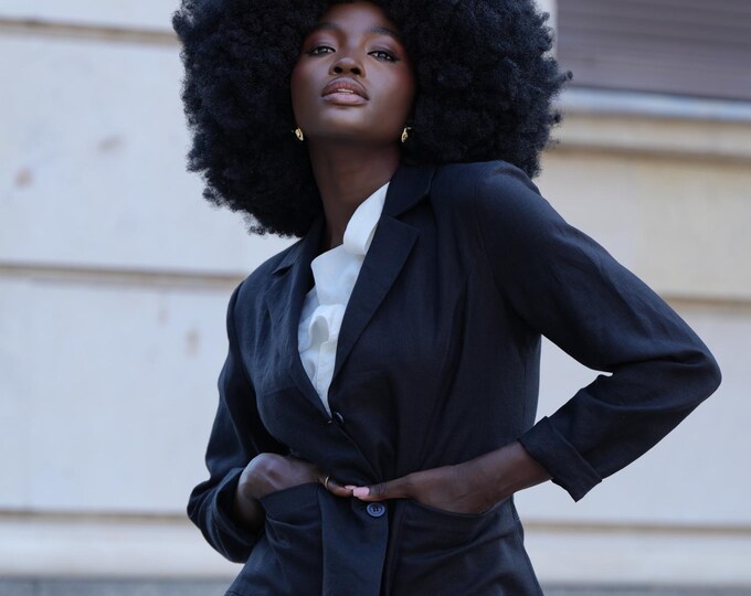 Black Asymmetrical Linen Blazer / High Low Coat / Buttoned Blazer METC0147_Black