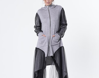 Avant-Garde Tulle Sleeves Cardigan - Asymmetric Knit Sweater METC0162