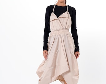 Ballon Pinafore Dress – Lightwear Draped Midi Dress in Beige METD0265