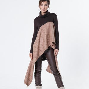 Asymmetrical Turtleneck Tunic - Soft Long Checked Top METT0292