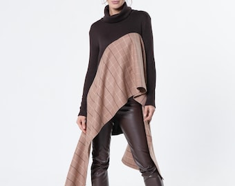 Asymmetrical Turtleneck Tunic - Soft Long Checked Top METT0292