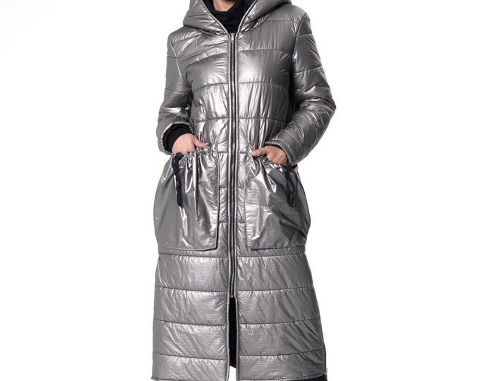 Long Winter Jacket / Silver Puffer Coat / Quilted Jacket With Hood - METC0137_Silver
