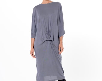 Gray Oversize Midi Dress: Loose Fit, Knot Front METD0262